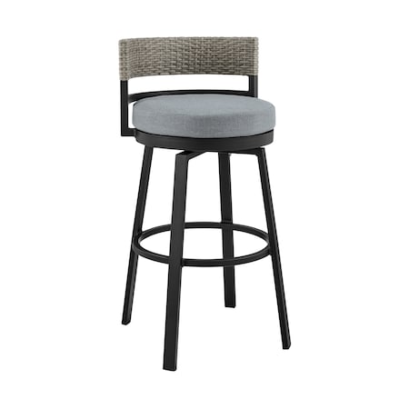 Armen Living Encinitas Outdoor Patio Counter Height Swivel Bar Stool in Aluminum and Wicker with Gray Cushions LCECBAGR26